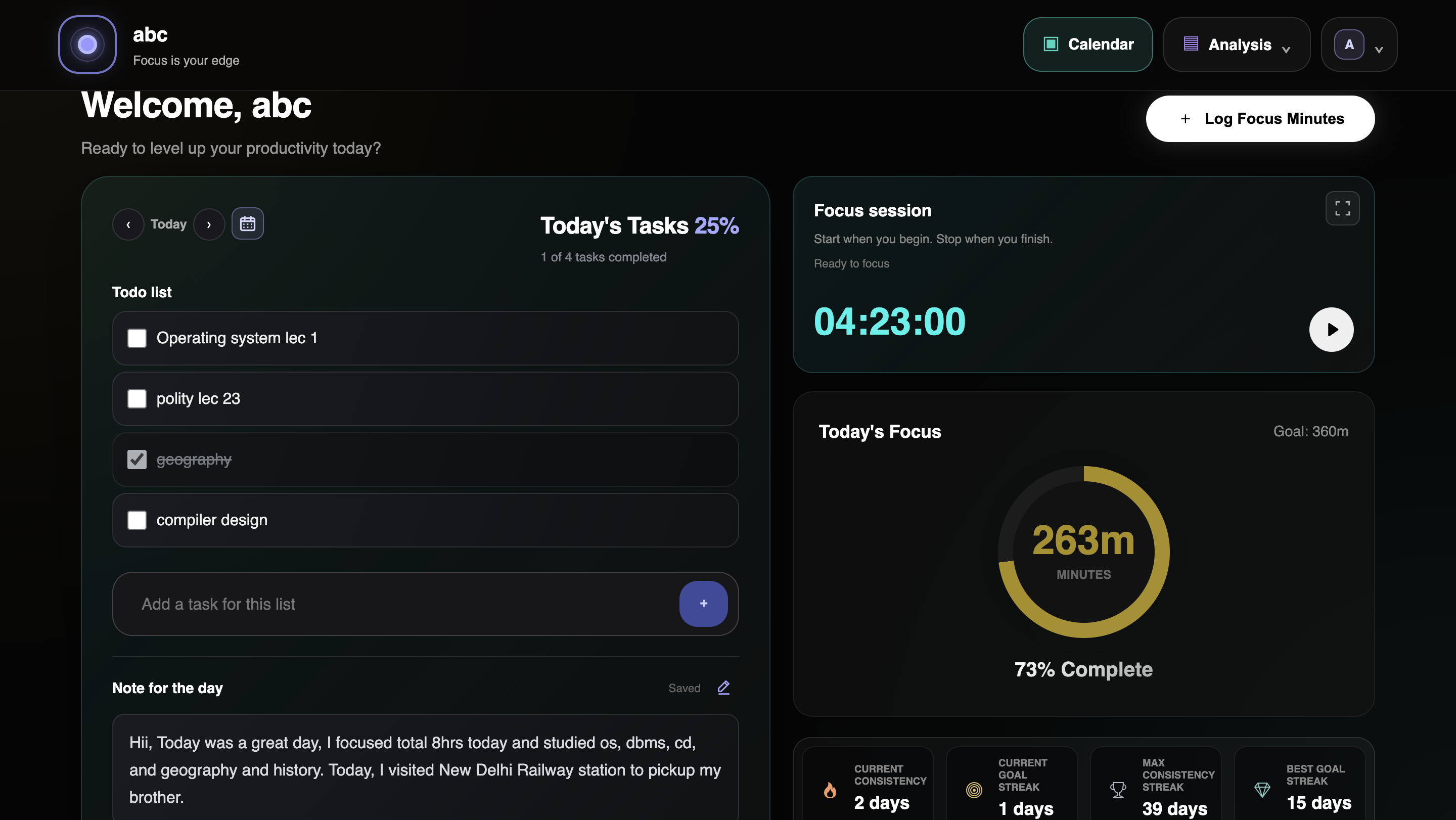 TrackU dashboard with daily tasks and focus timer